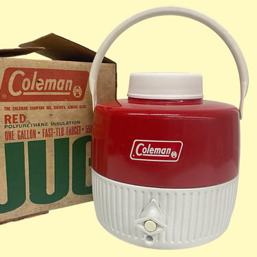 Vintage Coleman Jug Retro 1970s Mid Century Modern + Red and White Plastic + 1 Gallon + Snow Lite + Pour Spout + Box + Camping Drink Storage 