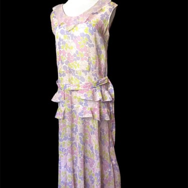 20’s pastel floral dress~ sheer voile Pink scalloped collar Great Gatsby style flapper 1920’s sleeveless day dress size Medium 