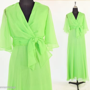 1960s Green Silk Chiffon Maxi Dress | 60s Lime Green Evening Dress | Miss Elliette | Small 