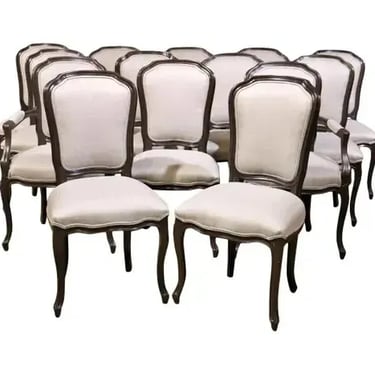 Rare Set of 14 French Louis XV Style Espresso Walnut Upholstered Dining Chairs