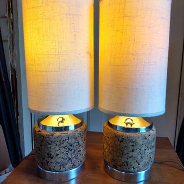 Pair of MCM Cork and Chrome 1970s Lamps, MEDIUM SIZE*****Rare Find*** 
