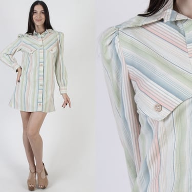 Vertical Stripe Butterfly Collar Dress Vintage 70s Button Up Mini  Country Style Shift Dress 