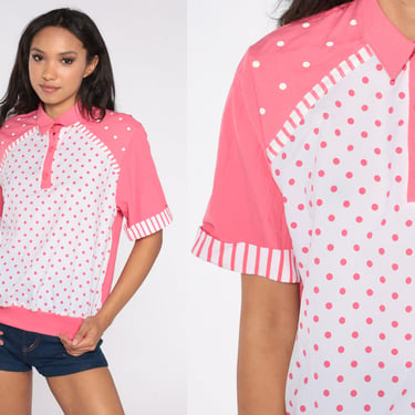 Polka Dot Shirt 80s Polo Shirt Pink Top White Shirt Slouchy Shirt Short Sleeve 1980s Vintage Collared Shirt Medium 