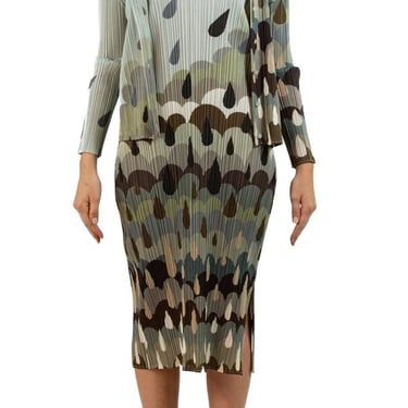 2000S Pleats Please Issey Miyake Oyster Grey Polyester Rain Print Dress  Cardi Ensemble 