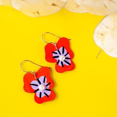 Vivid Red Pansy Leather Earrings with Purple Centers and Freshwater Pearls 