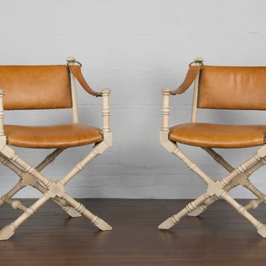 Mid-Century Modern Campaign Style Directors Leather Chairs by Drexel - A Pair 