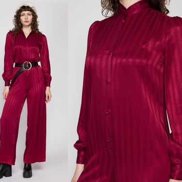 Small 70s Maroon Striped Satin Jumpsuit | Vintage Jeannene Booher Lord & Taylor Button Up Long Sleeve Collared Loungewear Outfit 