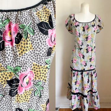 Vintage 1940s Cotton Floral Maxi Dress / XL 