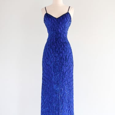 Vintage 1980's Sapphire Blue Sequin Gown by Laurence Kazar / SM