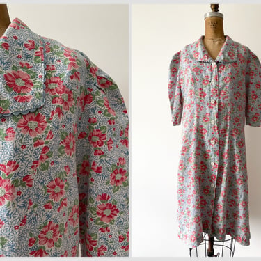 True vintage 1940’s flour sack cotton house dress, puff shoulders | Spring floral print dress, cottage core dress, pastel, M 