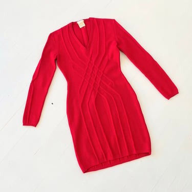 1990s Mugler Cherry Red Wool Sweater Dress 