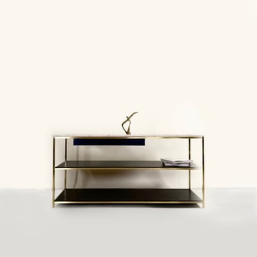 Paul McCobb Console Solid Brass with Travertine Top, Irwin Collection By Calvin Group