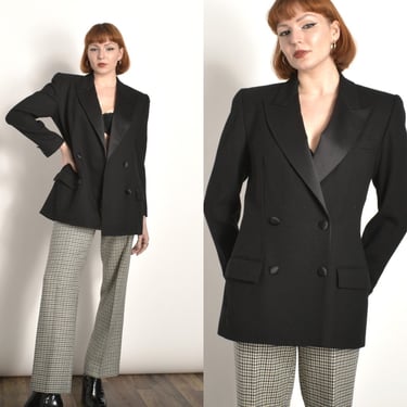 Vintage 1980s Blazer / 80s Wool Tuxedo Style Blazer / Black ( medium M ) 