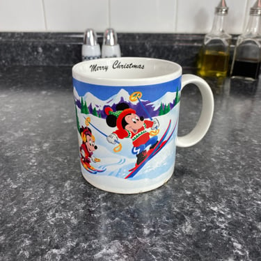 Vtg WALT DISNEY Applause Minnie & Mickey Mouse Skiing Coffee Cup Mug | 1987 Made In Korea #21132 | Winter Wonderland Merry Christmas Mug 