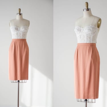 peach linen skirt | 80s 90s vintage Austin Reed dark academia librarian style terra cotta pink orange knee length pencil skirt 