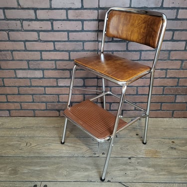 Retro Chrome and Brown Vinyl Folding Cosco Step Stool 