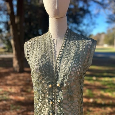 Rare Late 19th Century Tape Lace Vest in Pale Sage Green - Antique Elegance 