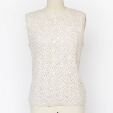 1960s Sequin Top Wool Knit Sleeveless Blouse M 