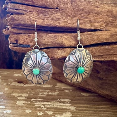 FLOWER MEDALLION Sterling Silver and Turquoise Dangle Earrings | Handcrafted Navajo Native American Southwestern Jewelry 