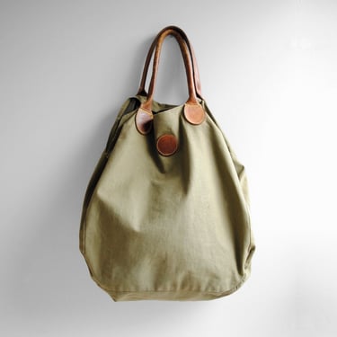 Vintage Canvas Bag with Leather Straps, Green Canvas Tote Bag, Worker Bag 