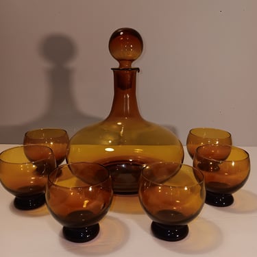 Amber Cocktail Set with Decanter and 6 Glasses | Mid-century Art Glass 