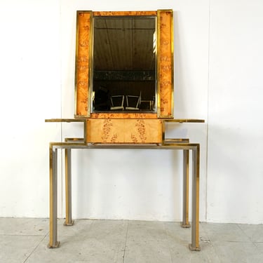 Vintage burl wood console with mirror, 1970s - vintage console table - hollywood regency console table - hallway table 