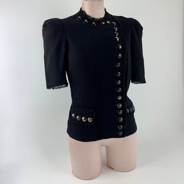 1930's-40's Rayon Suit Jacket - 21 Worn Metal Buttons as a Closure - Puffy Sleeves - Lace Edging Details - Womens Small - 28 Inch Waist 