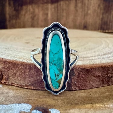 LONG FRAMED VINTAGE Turquoise Ring | Sterling Silver 925 Hallmark | Circa 1970s 70s | Most Likely Navajo, Southwestern Jewelry | Size 9 