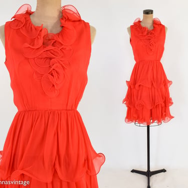 1960s Orange Ruffle Party Dress | 60s Orange Silk Chiffon Mini Dress | Miss Elliette | Small 