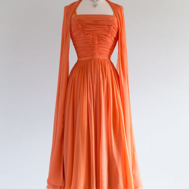 Fabulous 1950's Flaming Silk Chiffon Cocktail Dress By Carlye / Waist 26