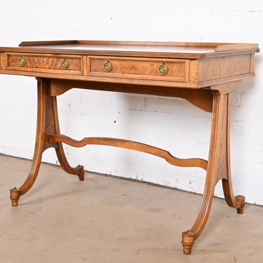 Baker Furniture English Regency Burled Walnut Writing Desk or Console Table
