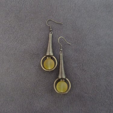 Mid century modern earrings yellow frosted glass and bronze earrings 