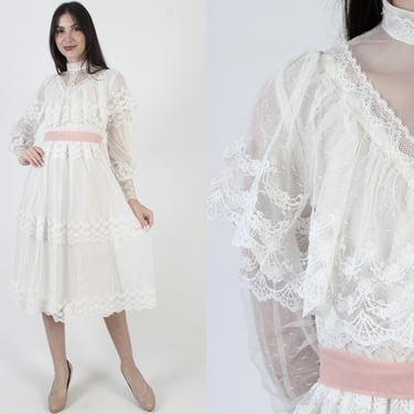 Victorian Wedding Dress, Sheer White Floral Lace, Bridal High Collar, Edwardian Ruffle Capelet 
