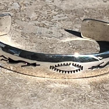 Vintage Native American Sterling Silver Kokopelli Shadowbox Cuff Bracelet with Stamp Work - 6.5 Inches 