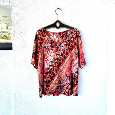 Vintage 90s Crinkle Gauze Hawaiian Tropical Shirt Oversized Red Pink Palm Shirt 