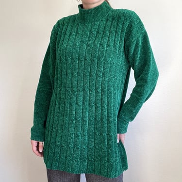 Vintage 90s Womens Oversized Emerald Green Mock Neck Chunky Knit Sweater Sz XL 