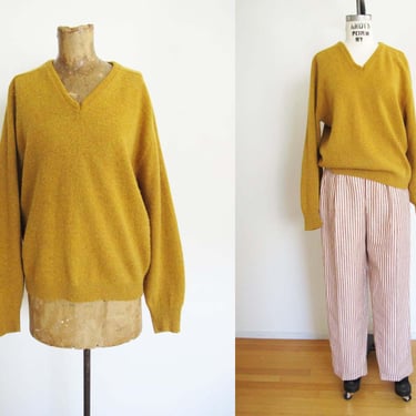 Vintage 60s Mustard Yellow Wool Blend V Neck Sweater M - Preppy Academia Slouchy Pullover Jumper 