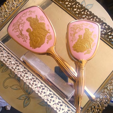 VINTAGE Vanity Set with Mirror and Brush// Fabulous Gold/Pink Toned Set// 1940's Vanity Set with Mirror, Brush, Comb 