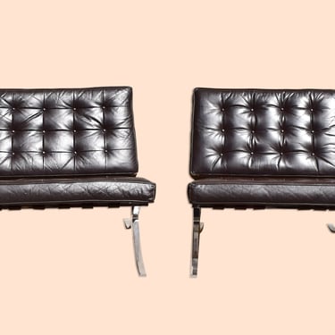 Pair of Mid-Century Barcelona Chairs After Ludwig Mies Van der Rohe, Espresso Brown Leather Cushions & Chrome Legs 