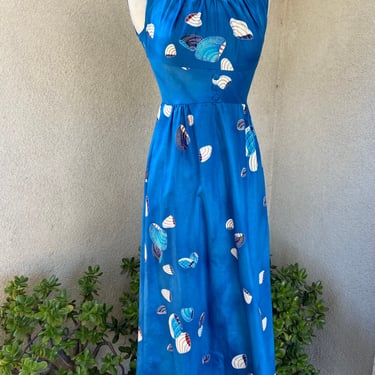 Vintage Hawaiian maxi dress brush Cotton blue seashell print by Sun Fashions of Hawaii size XS 