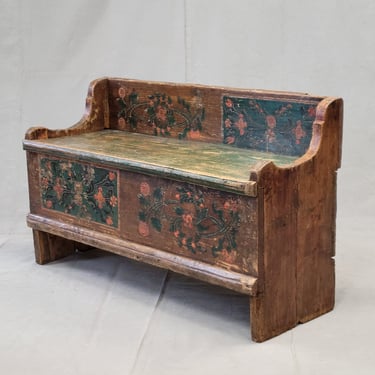 Antique Late 1800s Romanian Painted Pine Storage Bench