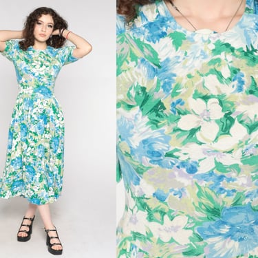 80s Floral Dress Puff Sleeve Green Blue Midi Dress Romantic Watercolor Flower Print Cottagecore Granny Vintage 1980s Low Waist Small Medium 