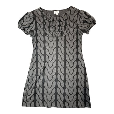 90s Knit Mini Dress Peasant Sleeves Shift Dress // Black and Gray Geometric Pattern //  Size large 