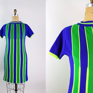 60s MOD Striped Mini Dress / Neon Dress / 1960s Dress / Sweater Dress / 60s Micro Dress / Size S/M 