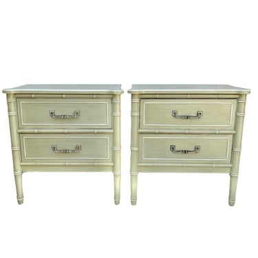 Faux Bamboo Nightstands by Henry Link Bali Hai FREE SHIPPING Set of 2 Vintage Sage Green End Tables Pair Hollywood Regency Coastal Furniture 