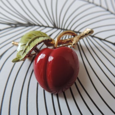 vintage red apple pin 60s gold enamel fruit cherry brooch 