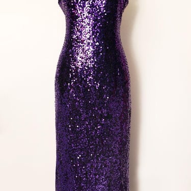 Purple Fully Sequined Long Evening Gown Art Deco 1970's Party Dress Vintage Formal Long Maxi Dress 