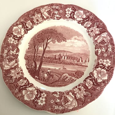 Red Transferware Dinner Plate Palissy Thames River Scenes Oxford 1950s- 11" 