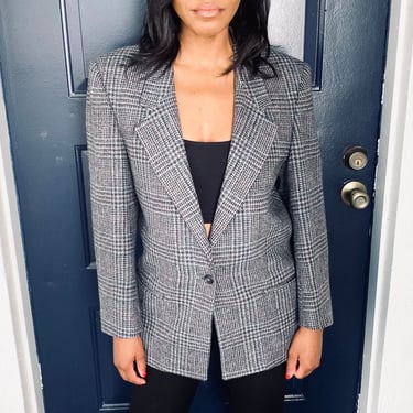 Bretton Place Gray Plaid 80s Vintage One Button Blazer 
