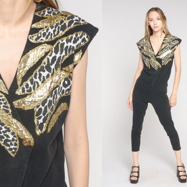 90s Jumpsuit Black Gold Metallic Animal Print Party Pantsuit Cap Sleeve V Neck Tapered Leg Sparkly Going Out Cocktail Vintage 90s Small S 
